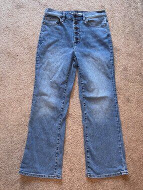 Lands' End High Rise Button Front Kick Flare Cropped Stretch Jeans 8
